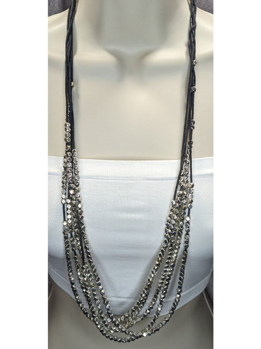 Layered Geometric Beaded Necklace Silver Black Modern Glam Rock